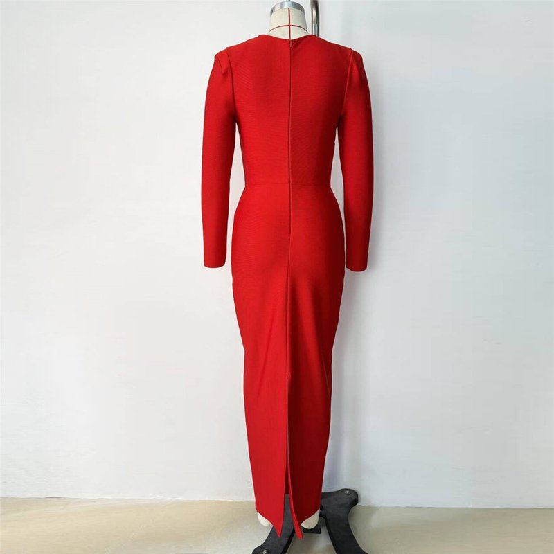 Red Square Neck Rhinestone Bandage Dress H6522