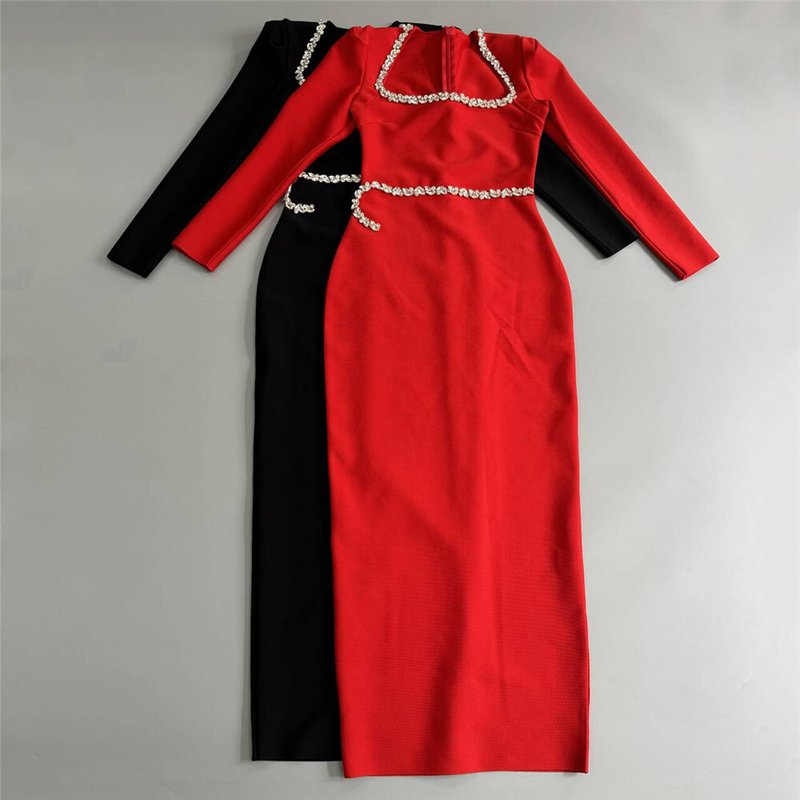 Red Square Neck Rhinestone Bandage Dress H6522