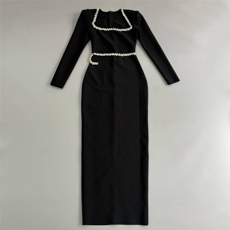 Red Square Neck Rhinestone Bandage Dress H6522