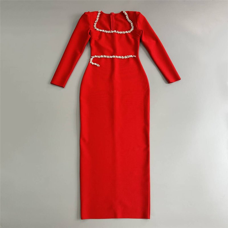 Red Square Neck Rhinestone Bandage Dress H6522