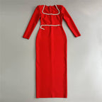 Red Square Neck Rhinestone Bandage Dress H6522