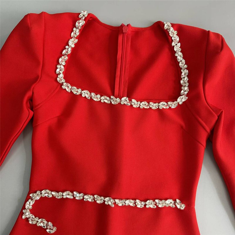 Red Square Neck Rhinestone Bandage Dress H6522