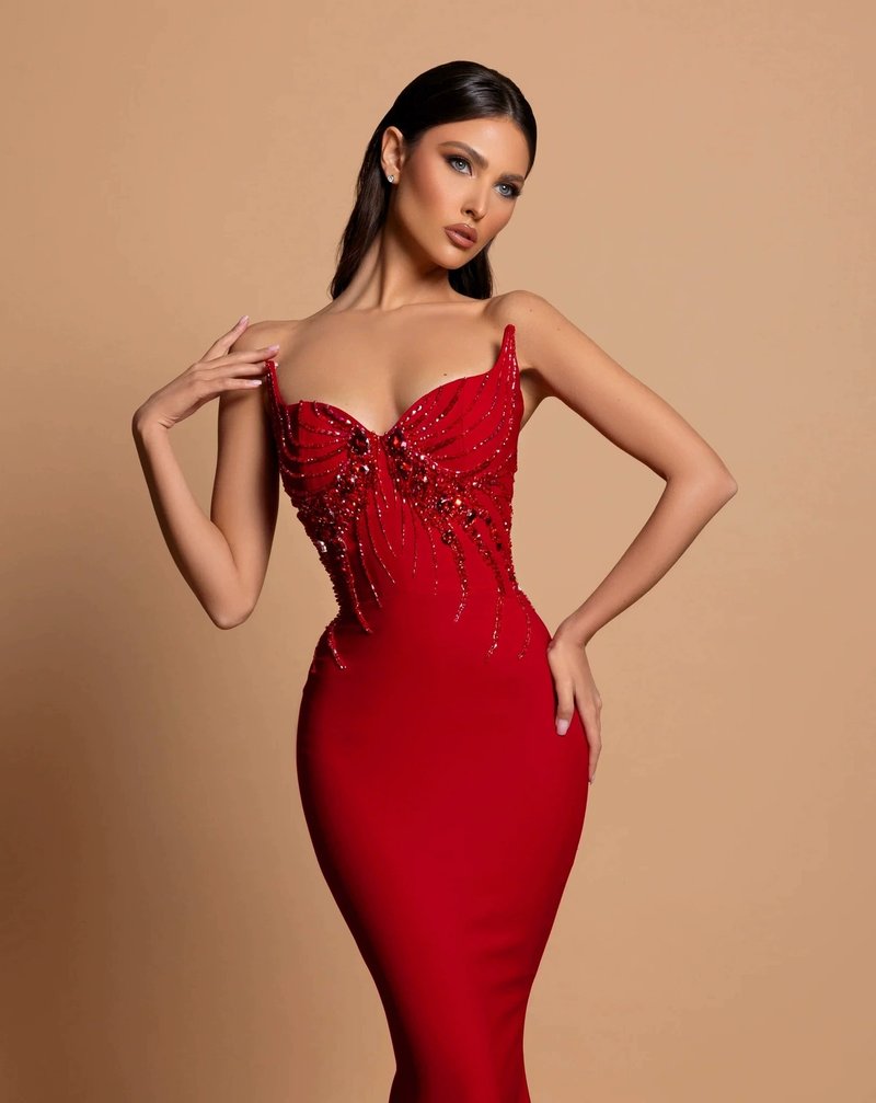 Red Strapless Beaded Mermaid Gown H6578