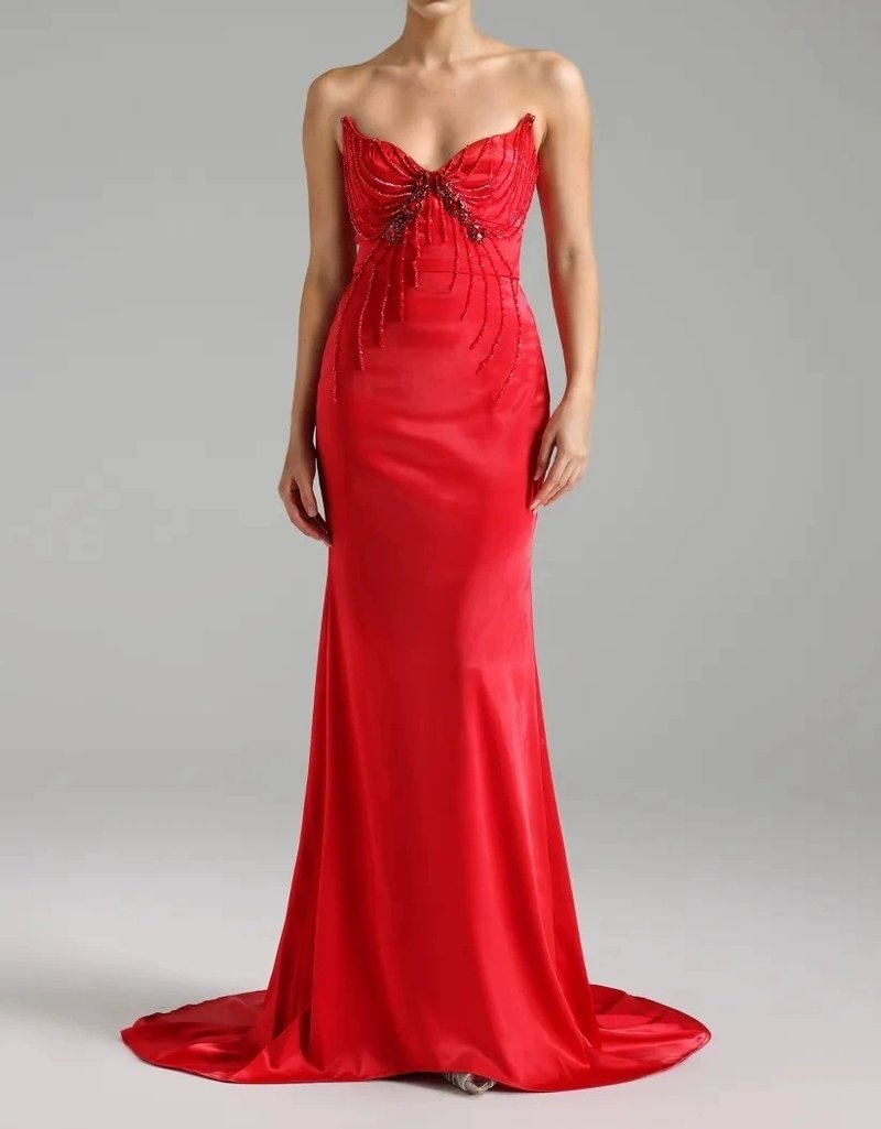 Red Strapless Beaded Mermaid Gown H6578