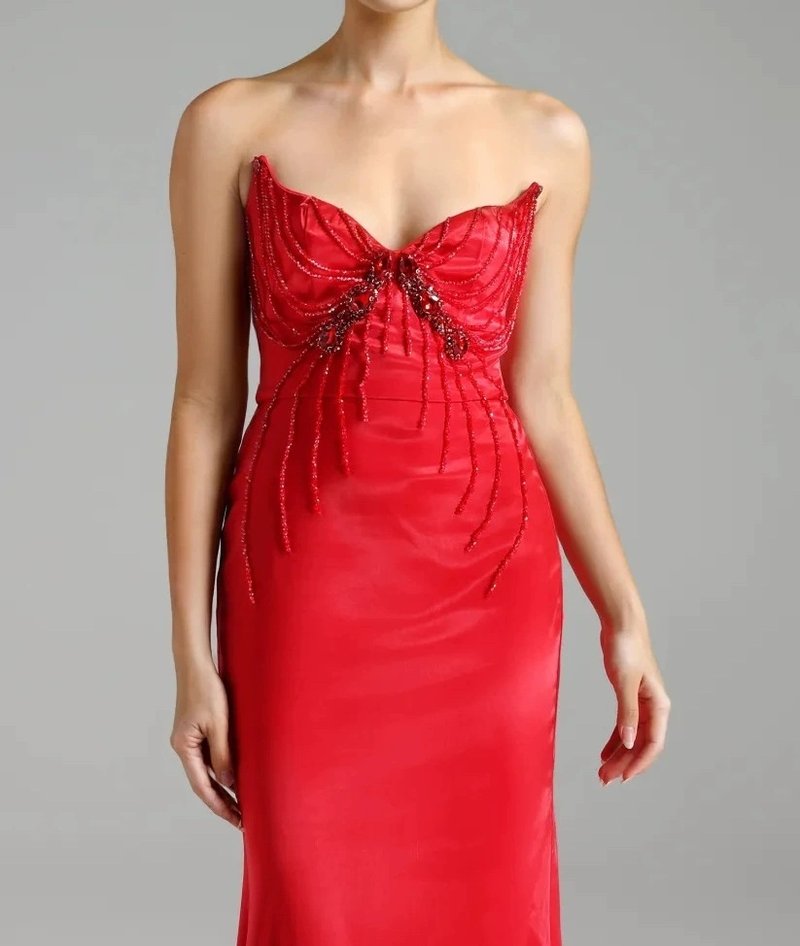 Red Strapless Beaded Mermaid Gown H6578