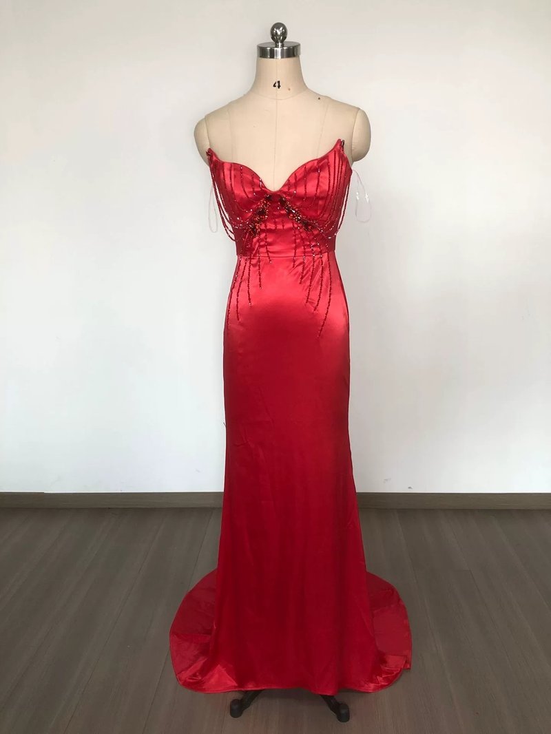 Red Strapless Beaded Mermaid Gown H6578
