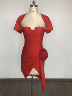 Red Strapless Ruched Midi Dress H6672