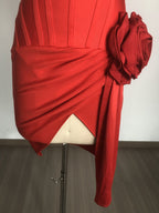 Red Strapless Ruched Midi Dress H6672