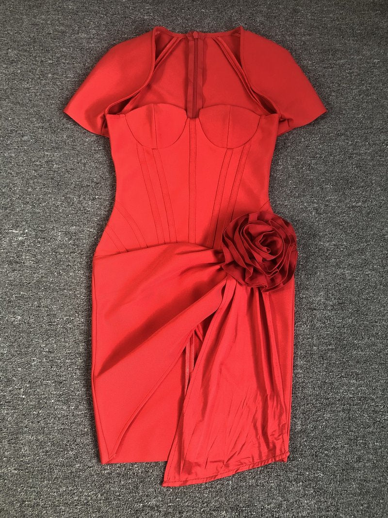Red Strapless Ruched Midi Dress H6672