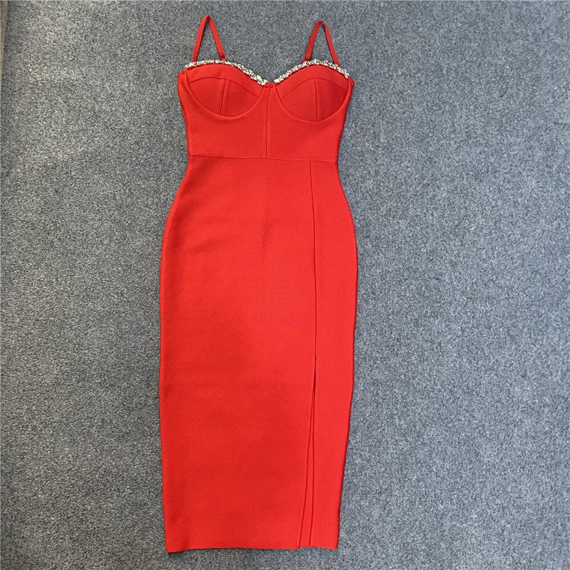 Red Strappy Embellished Midi Dress H4411
