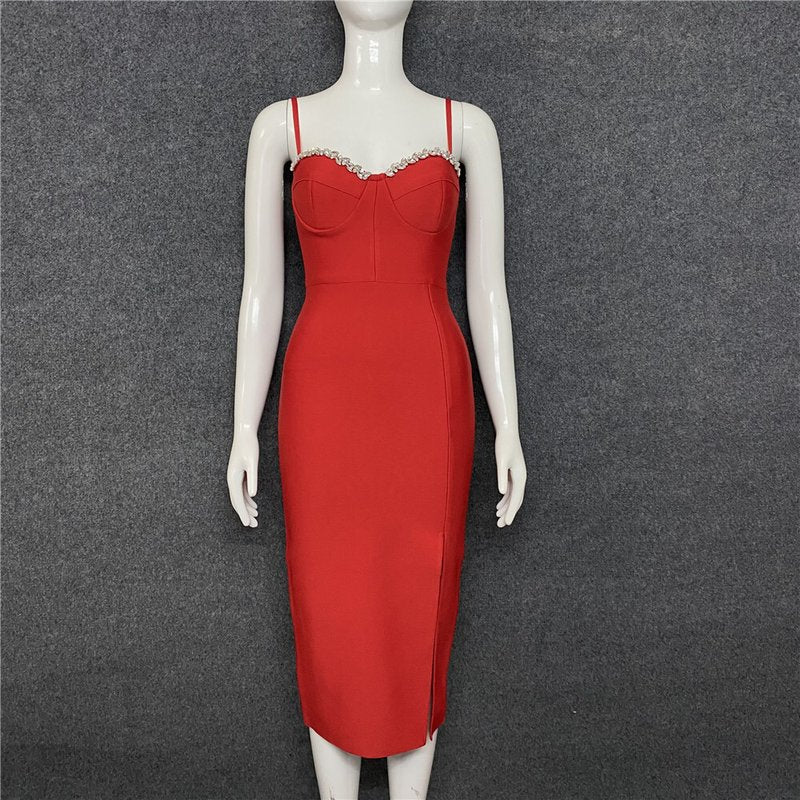 Red Strappy Embellished Midi Dress H4411