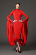 Red Turtleneck Pleated Sleeve Dress H6891
