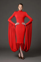 Red Turtleneck Pleated Sleeve Dress H6891