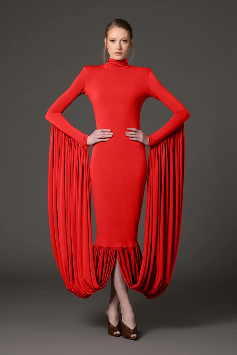 Red Turtleneck Pleated Sleeve Dress H6891