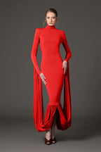Red Turtleneck Pleated Sleeve Dress H6891