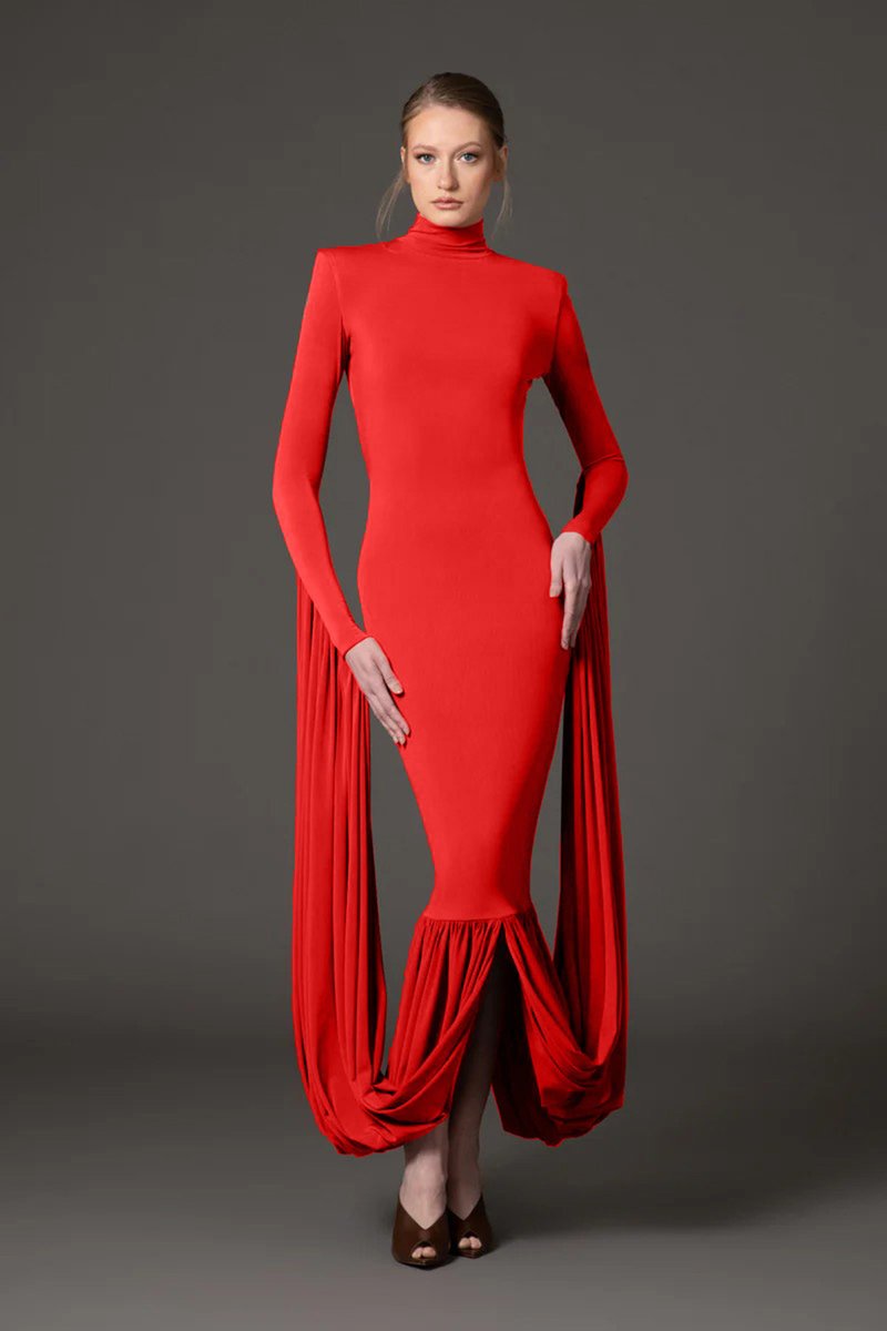Red Turtleneck Pleated Sleeve Dress H6891