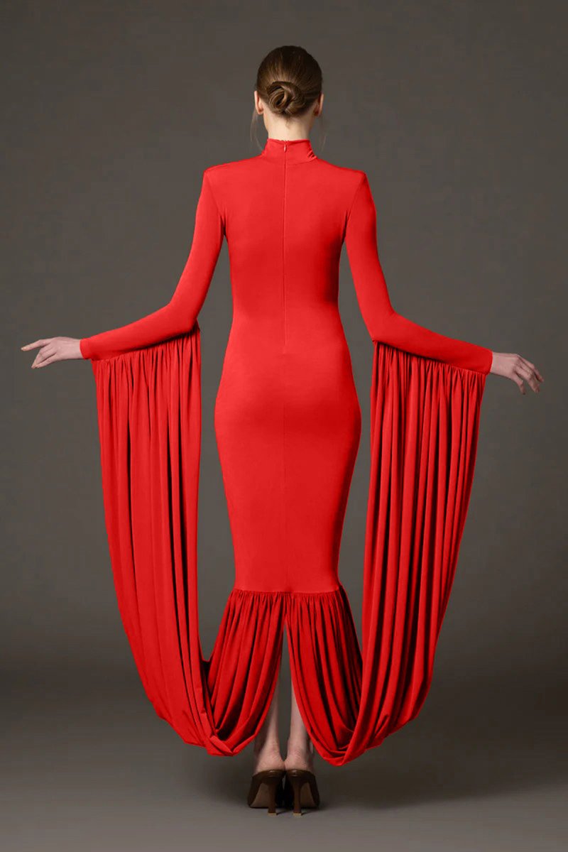 Red Turtleneck Pleated Sleeve Dress H6891