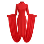 Red Turtleneck Pleated Sleeve Dress H6891