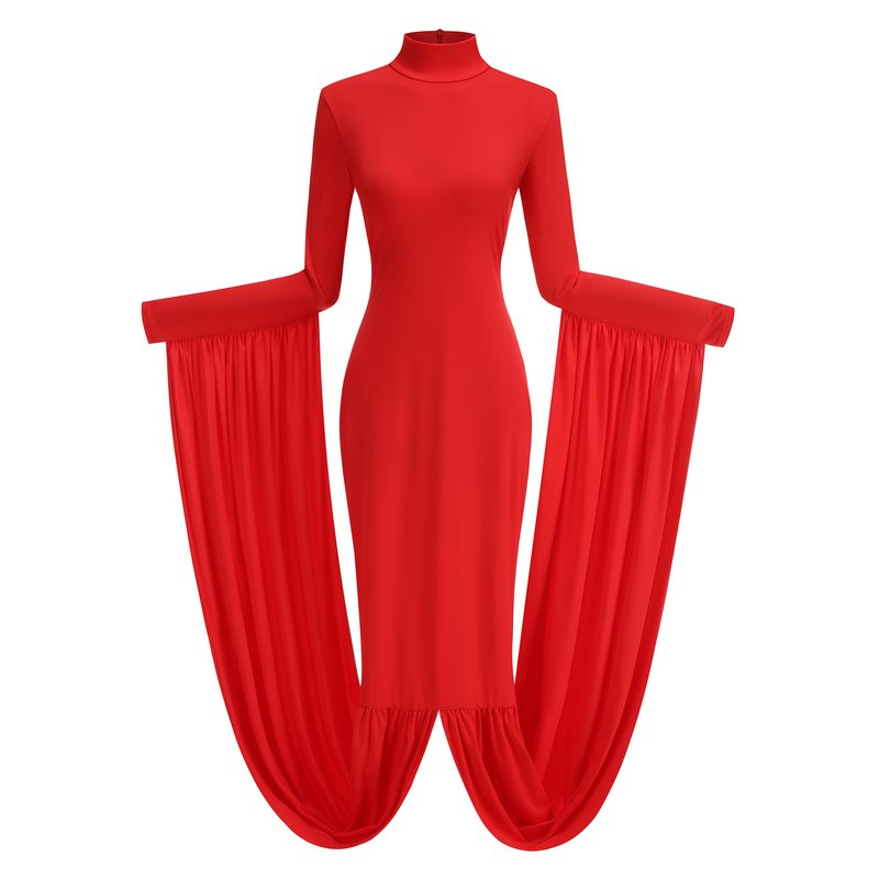 Red Turtleneck Pleated Sleeve Dress H6891