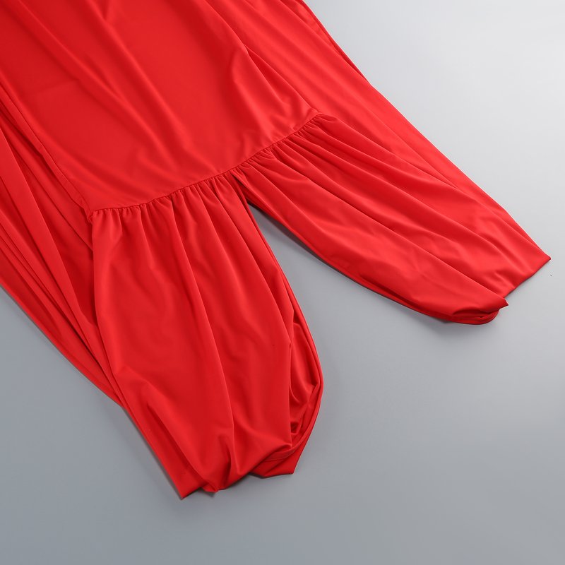 Red Turtleneck Pleated Sleeve Dress H6891