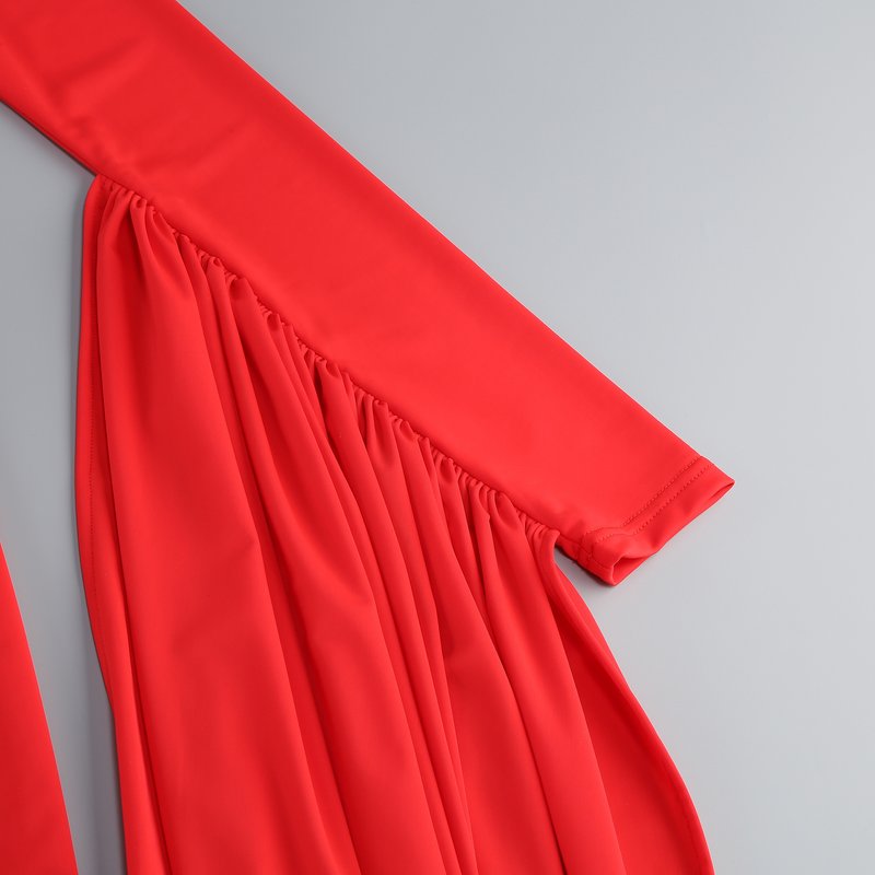 Red Turtleneck Pleated Sleeve Dress H6891