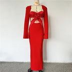 Red Velvet Cutout Long Sleeve Gown H6654