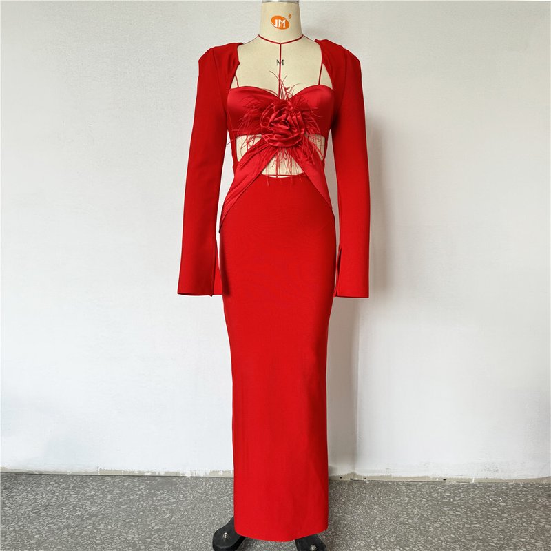 Red Velvet Cutout Long Sleeve Gown H6654
