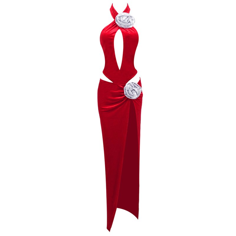 Red Velvet Deep V Cut-Out Gown H6468
