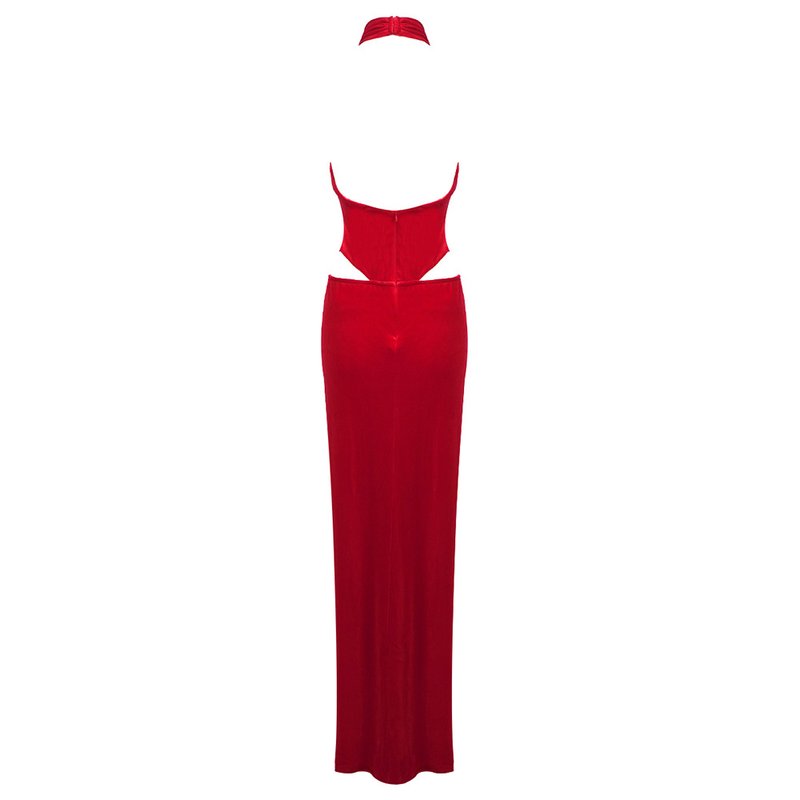 Red Velvet Deep V Cut-Out Gown H6468