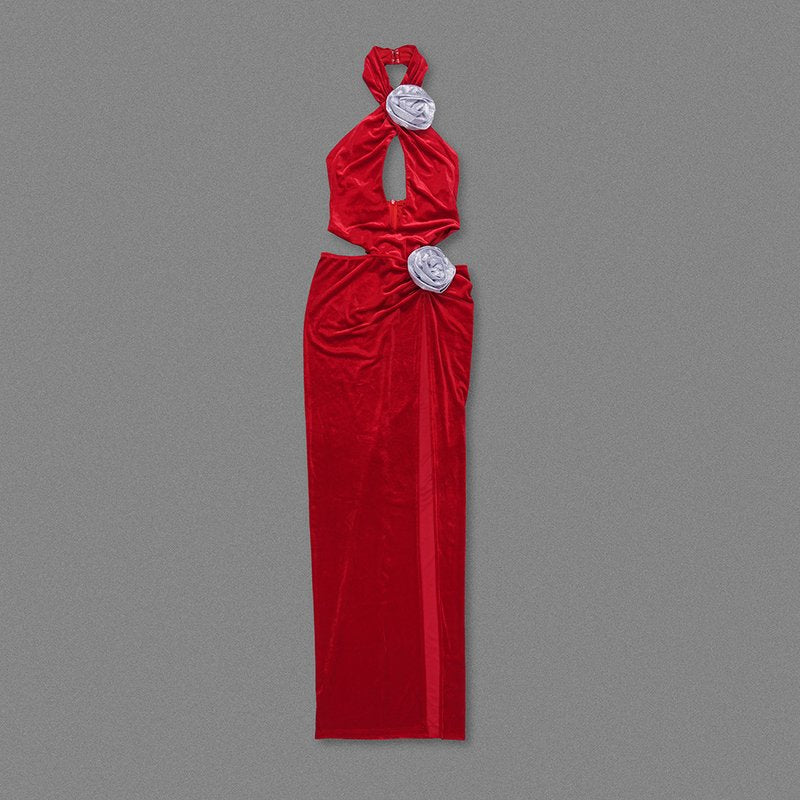Red Velvet Deep V Cut-Out Gown H6468