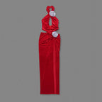 Red Velvet Deep V Cut-Out Gown H6468