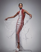 Red White Striped Fringe Maxi Dress H4940