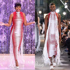 Red White Striped Fringe Maxi Dress H4940