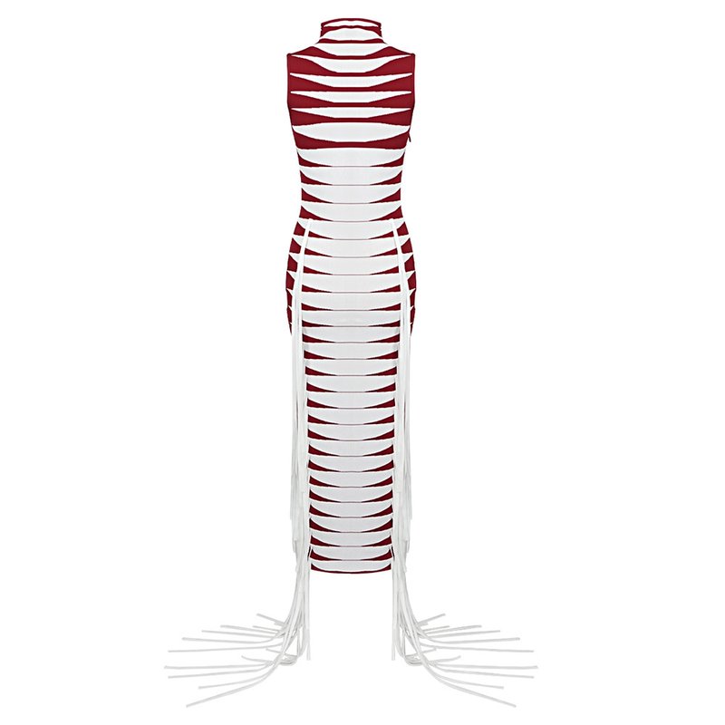 Red White Striped Fringe Maxi Dress H4940