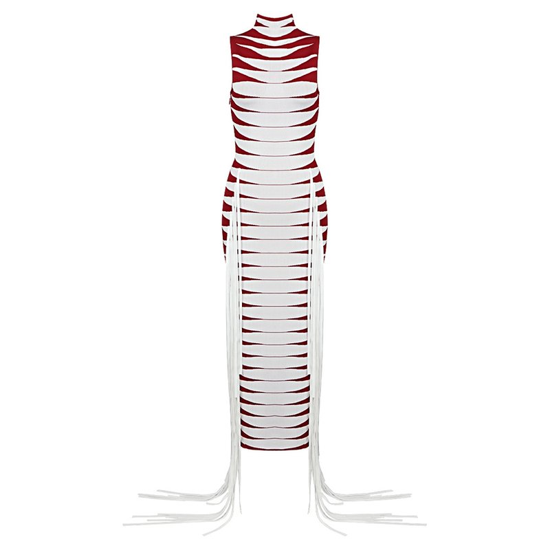 Red White Striped Fringe Maxi Dress H4940