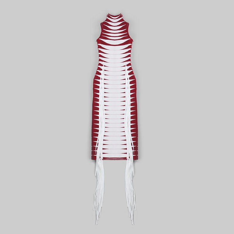 Red White Striped Fringe Maxi Dress H4940