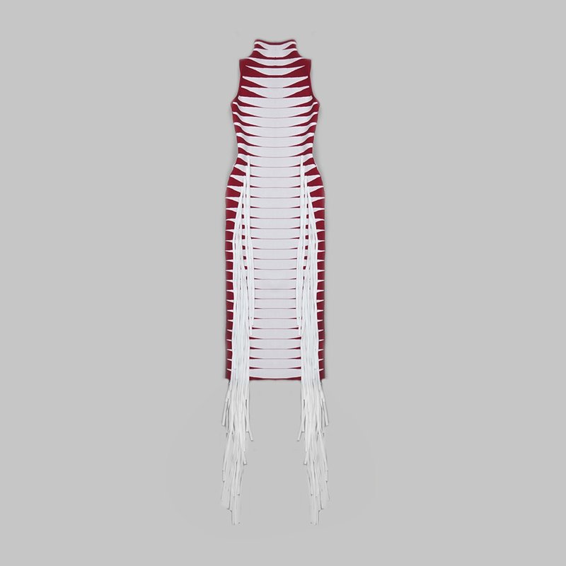 Red White Striped Fringe Maxi Dress H4940