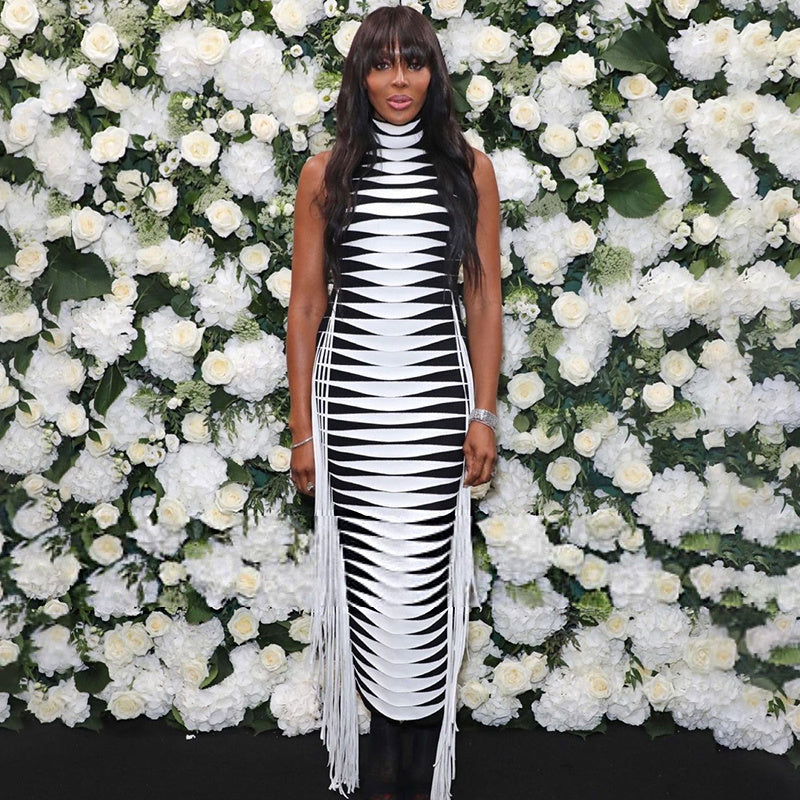 Red White Striped Fringe Maxi Dress H4940