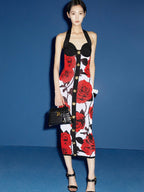 Rose Print Halter Midi Dress H6229