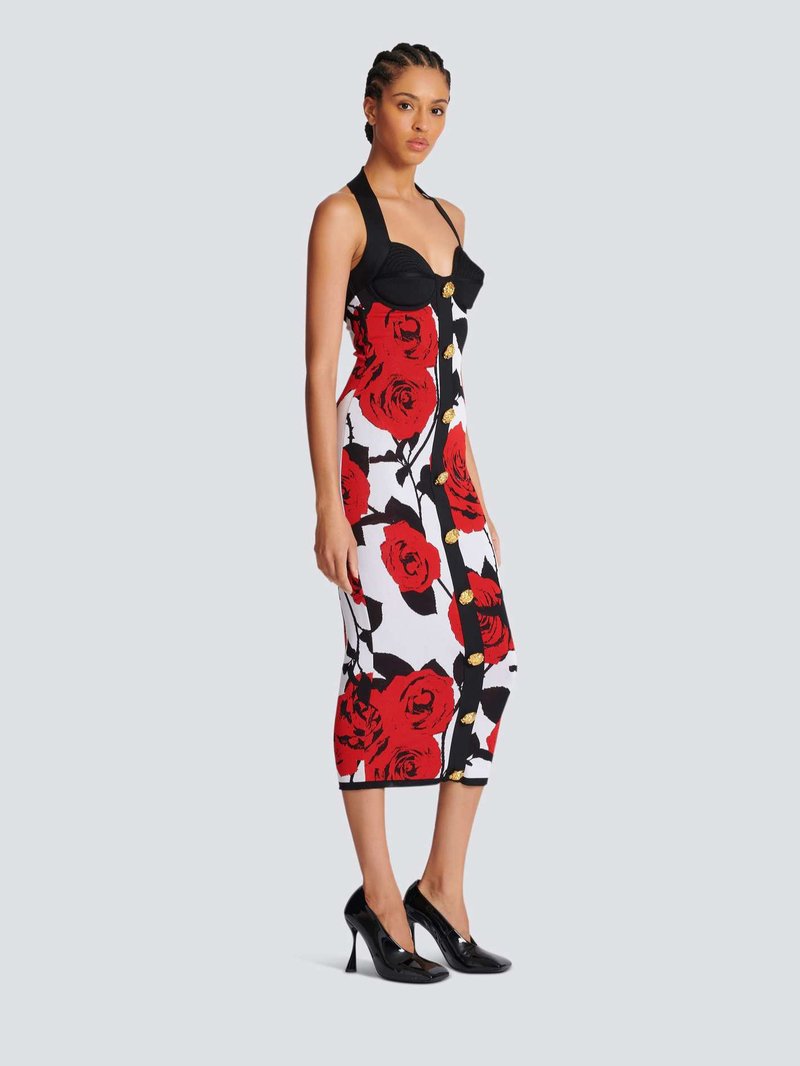 Rose Print Halter Midi Dress H6229