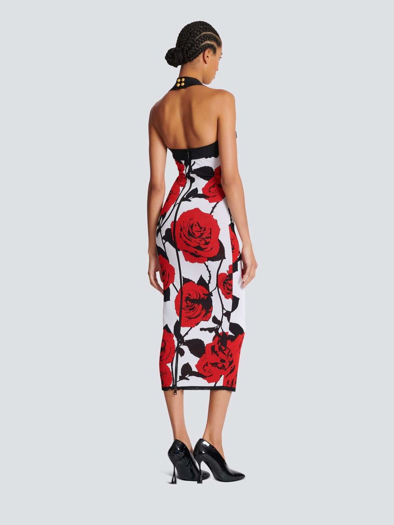 Rose Print Halter Midi Dress H6229