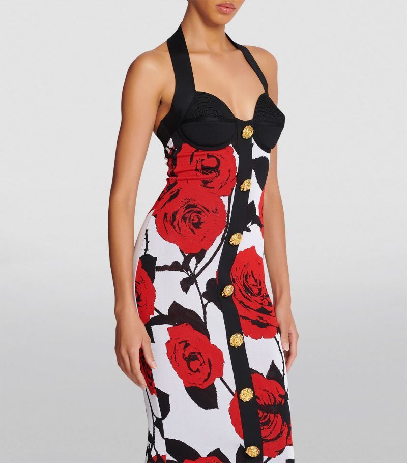 Rose Print Halter Midi Dress H6229