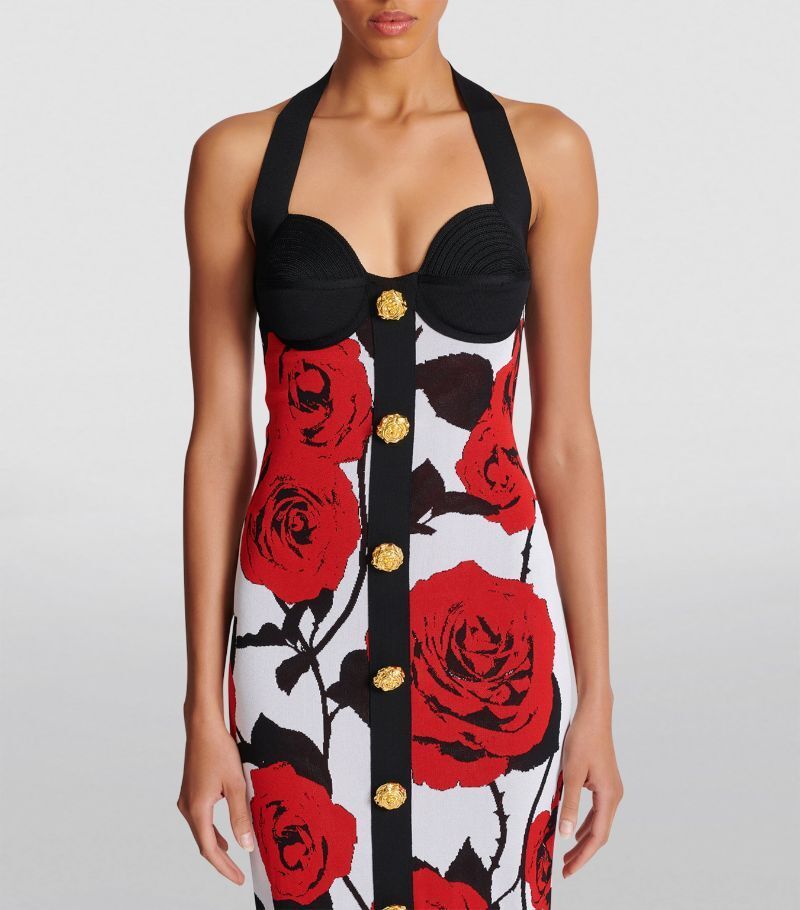 Rose Print Halter Midi Dress H6229