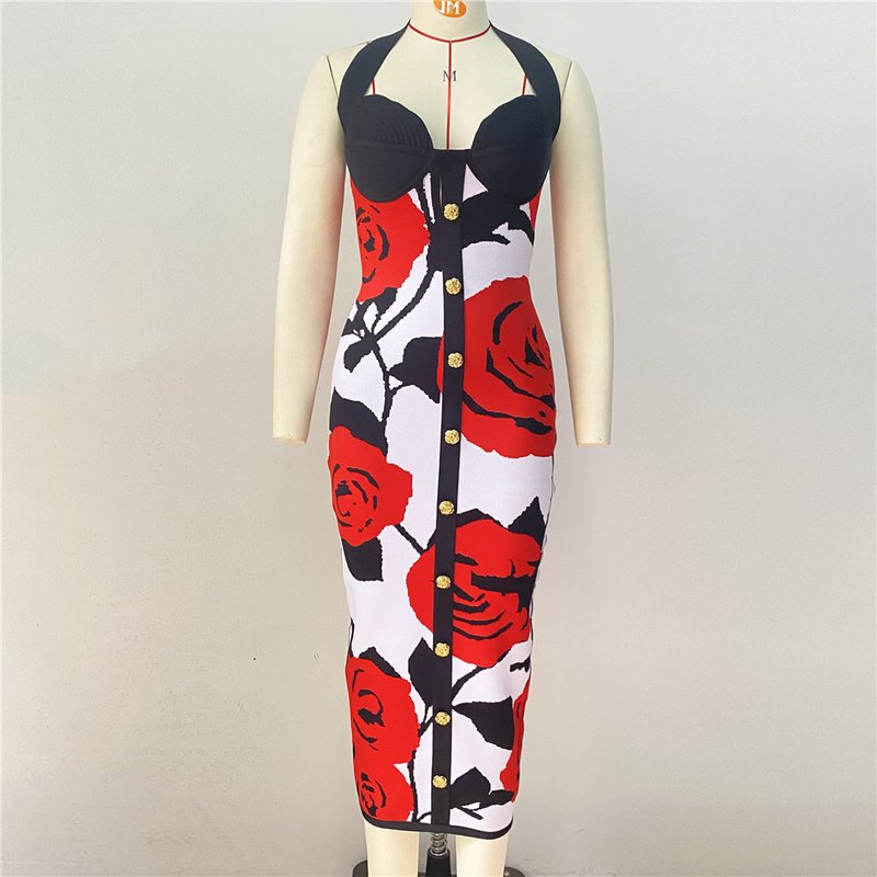 Rose Print Halter Midi Dress H6229