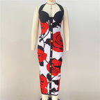Rose Print Halter Midi Dress H6229