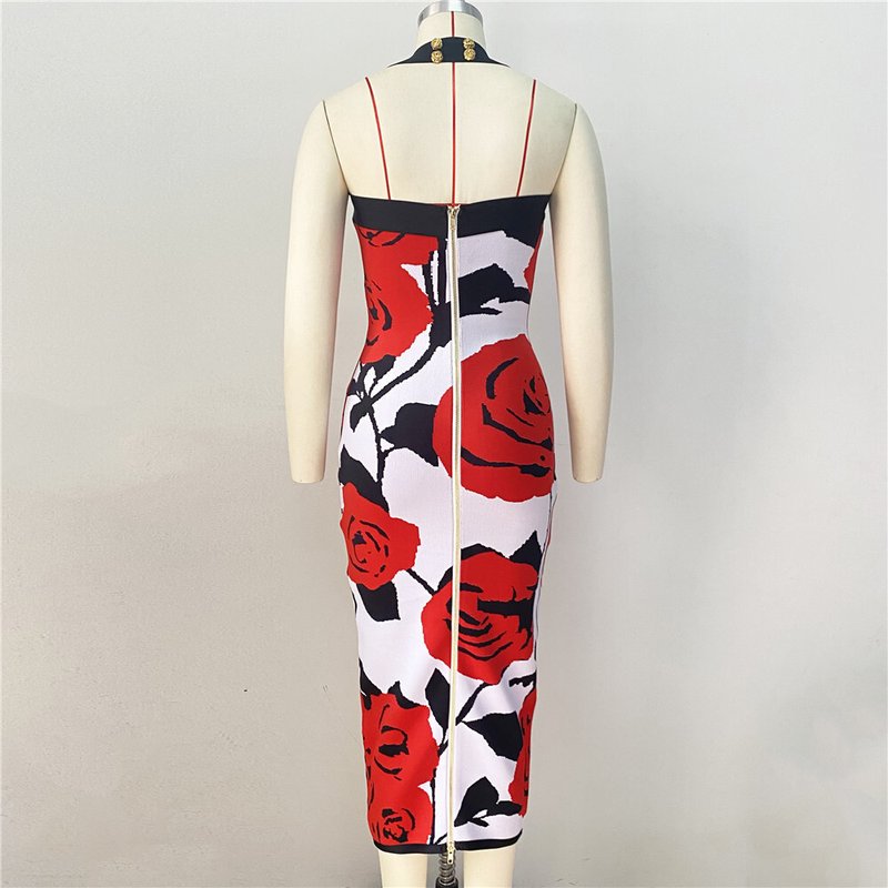 Rose Print Halter Midi Dress H6229