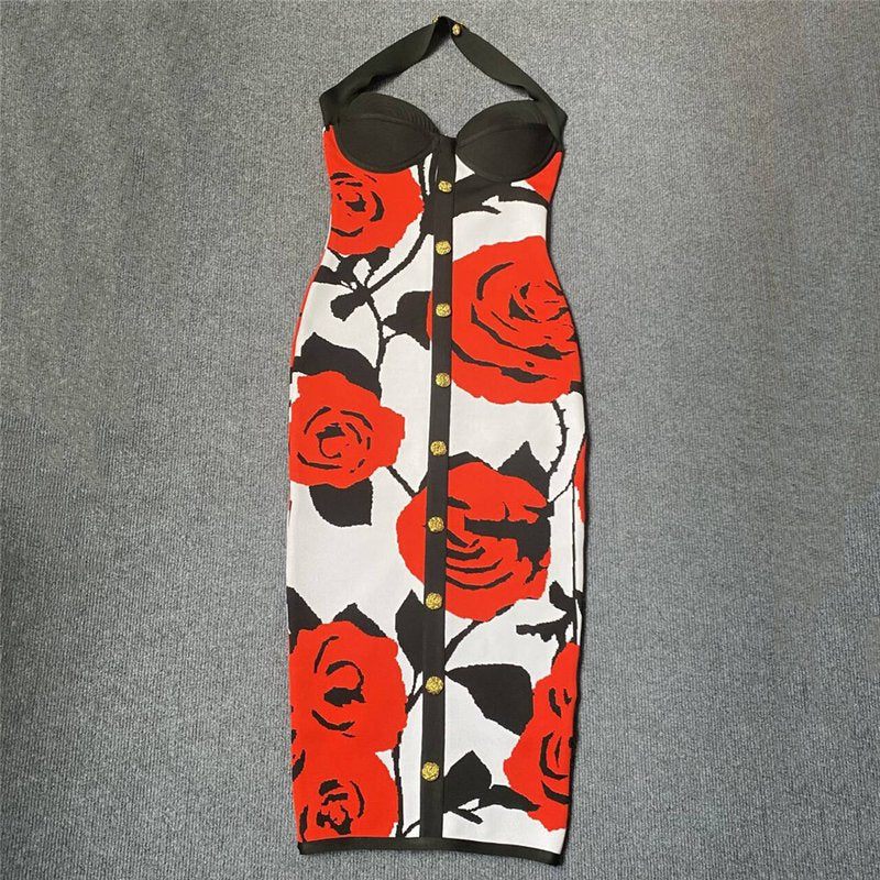 Rose Print Halter Midi Dress H6229
