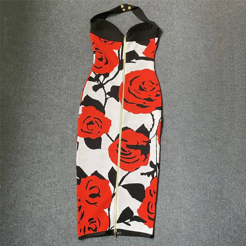 Rose Print Halter Midi Dress H6229