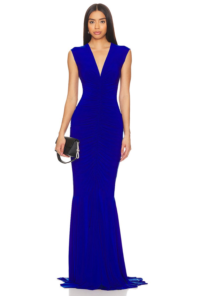 Royal Blue V-Neck Ruched Maxi Dress H6667