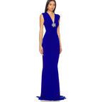 Royal Blue V-Neck Ruched Maxi Dress H6667